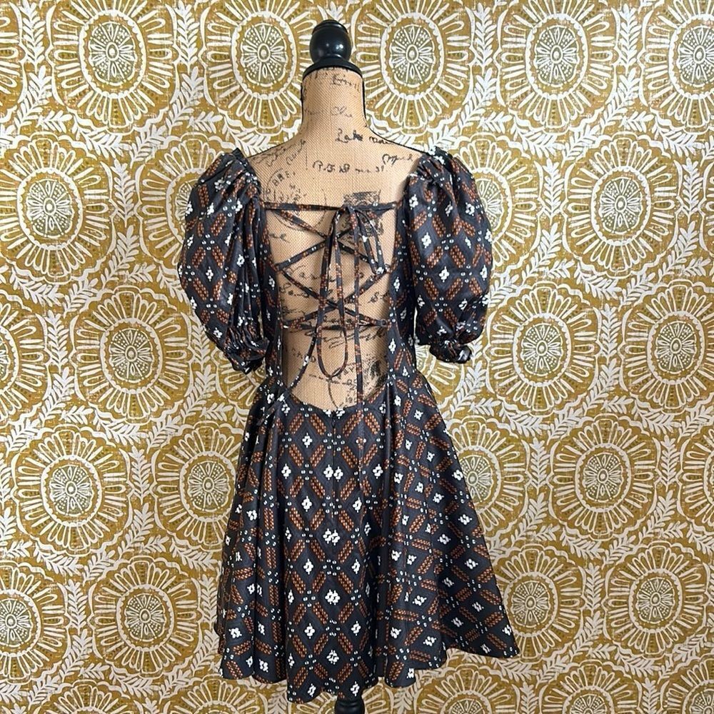 NWOT Autumn Adeigbo Camille Diamond Print Puff Sleeve Lace Up Back Mini Dress 8 - Picture 12 of 16